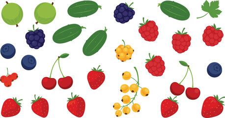 Flat vector illustration of a collection of fresh berries and vegetables including strawberries blueberries cherries raspberries blackberries gooseberries and cucumbers isolated on white background © Aminul