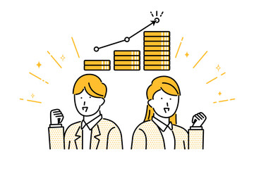 お金が増えていく状況にガッツポーズをする若い夫婦のイラスト