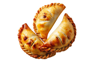 Argentina and Uruguay empanadas stacked in a pyramid, golden baked crust, meat and potato filling, isolated on white transparent background, concept of traditional South American Cuisine