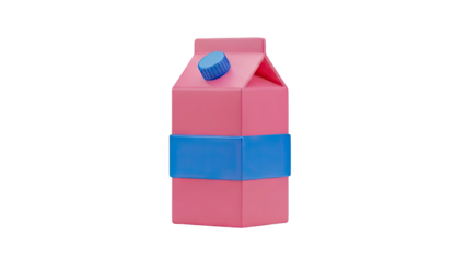 Pink milk carton with blue cap and label on transparent background