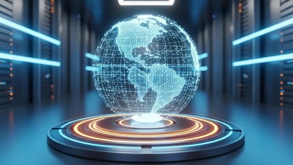 A futuristic digital globe with a wireframe mesh on a glowing circular platform in a dark room with neon lights