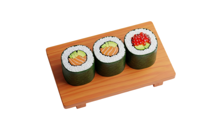 Sushi rolls with salmon and avocado on a wooden board on transparent background