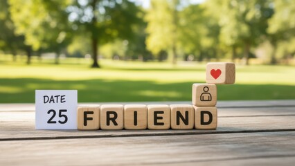 Save the date with a friend: wooden blocks spelling FRIEND beside date 25, with heart and person icons on sunny park table, symbolizing friendship, social events, gatherings and meaningful connections
