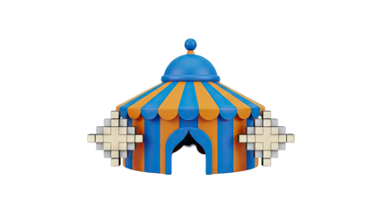 Colorful circus tent with pixelated elements on transparent background