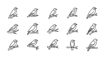 Naklejka premium Bird outline icon set showing different poses and perching styles, minimal line vector animal symbols 