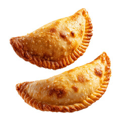 Argentina and Uruguay empanadas stacked in a pyramid, golden baked crust, meat and potato filling, isolated on white transparent background, concept of traditional South American Cuisine