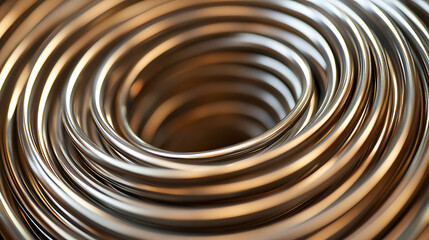 A mesmerizing close-up showcases a coiled metal structure. Its smooth, reflective surface catches the light, creating highlights and shadows that emphasize its shape and form.