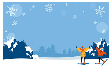 スキー板を履いた子供達と冬も森の背景イラスト