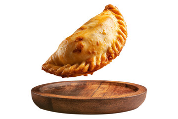 Argentina and Uruguay empanadas stacked in a pyramid, golden baked crust, meat and potato filling on wooden plate, isolated on white transparent background, concept of traditional South American Cuisi