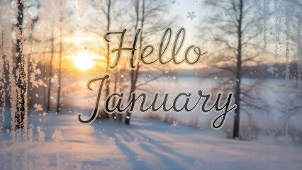 Hello January Winter Forest Sunrise – Snowy Trees Landscape with Warm Golden Light Seasonal Greeting
