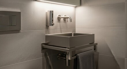 Sleek modern bathroom design showcasing a floating sink and muted tones