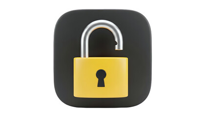 3D Unlocked padlock icon on a dark background on transparent background