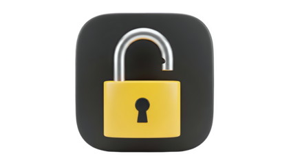 3D Unlocked padlock icon on a dark background on transparent background