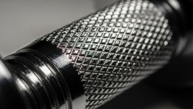 Macro close-up of shiny metal handle knurling texture detail