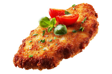 Milanesa breaded beef chicken schnitzel or cutlet with fresh tomato wedge, isolated on white transparent background, concept of South American Cuisine