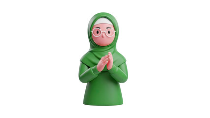 3D Muslim woman praying in green hijab on transparent background