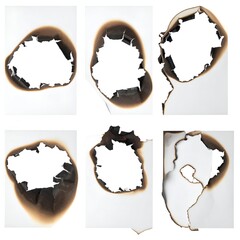 Six white papers, each with unique burnt holes and edges