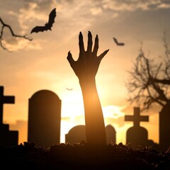 Silhouette of a hand reaching out from a grave at sunset, with bats