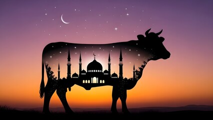 Conceptual double exposure illustration of cow silhouette with mosque and crescent moon at sunset