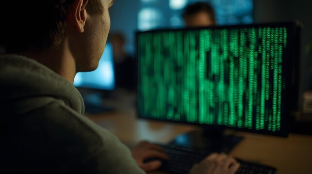 Focused person in hoodie working on a computer screen filled with green cascading code in a dark modern office - Powered by Adobe