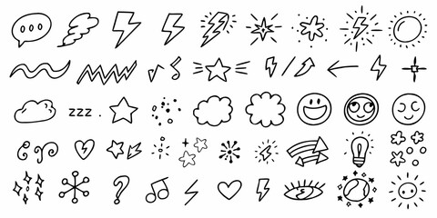 Naklejka premium Collection of hand drawn doodle icons and whimsical black and white illustrations