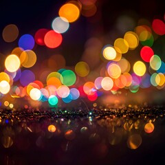 Abstract night scene with vibrant, blurry lights and a shimmering surface