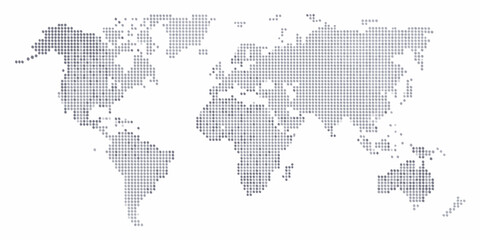 A dotted world map illustration showing continents and oceans in gray tones