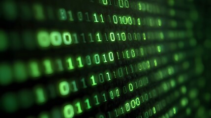 Glowing green binary code streams across a digital screen representing data and technology