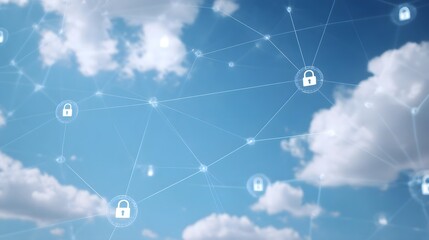 Digital network with secure lock icons overlaid on a cloudy sky representing cloud security and data protection
