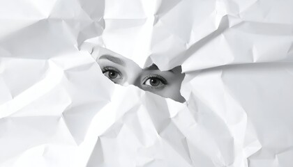Piercing eyes peer through a hole in crumpled white paper