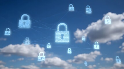 Digital lock icons interconnected in a glowing network symbolizing online security and data protection against a backdrop of clouds and sky