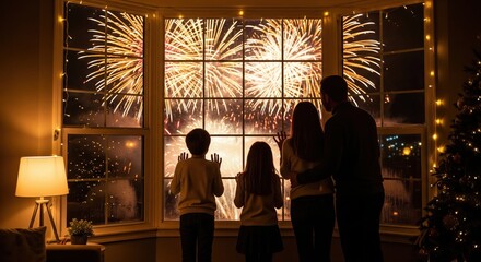 Family watching golden fireworks explosion through a large bay window on a festive night