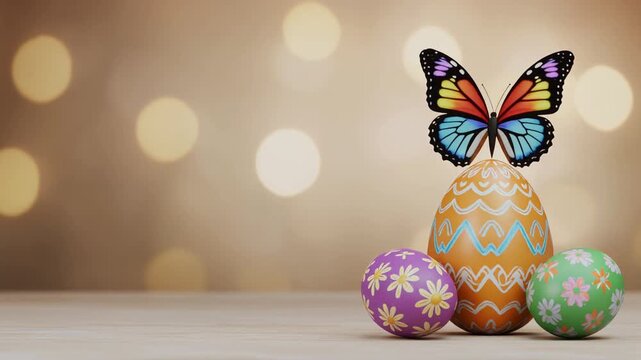 Painted easter egg with colorful butterfly isolated on the light bokeh background.