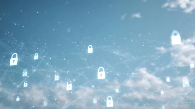 Digital padlock icons form a secure network against a cloudy blue sky symbolizing technology and protection - Powered by Adobe