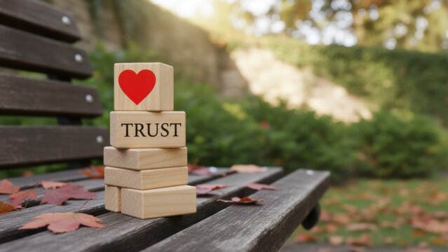 Heart and trust on the bench: wooden blocks stacked with red heart and TRUST word among autumn leaves in park, symbolizing relationship bonding, loyalty, romance and emotional security outdoors

 - Powered by Adobe