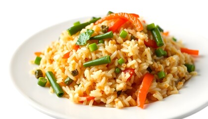 A white plate of vegetable fried rice featuring golden grains mixed with green beans, red bell peppers, chopped green onions, and fresh cilantro. The dish is colorful and well-balanced, with a clean p
