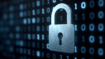 A digital padlock in front of binary code symbolizes data security and cyber protection