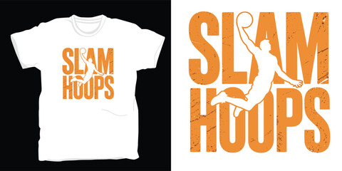 Stylish slam hoops typography with an abstract basketball player silhouette graphic design T-shirt print
