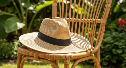 Straw hat resting peacefully on a wicker chair amidst lush greenery