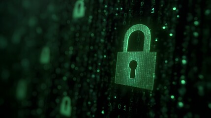 A glowing green digital padlock icon overlays a background of binary code and abstract particles symbolizing data security and protection