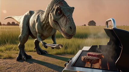 T-Rex cooking and flipping steak on a barbecue grill in a grassy field.
With motion blur and bokeh effect . - Powered by Adobe