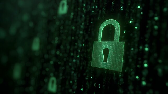 A glowing green digital padlock icon overlays a background of binary code and abstract particles symbolizing data security and protection - Powered by Adobe