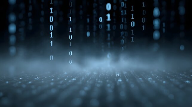 Falling binary code streams through a dark misty digital landscape with glowing patterns on the ground - Powered by Adobe
