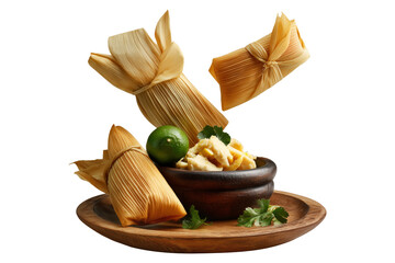 Humitas corn tamales wrapped in corn husks on wooden plate, isolated on white transparent background, concept of South American cuisine