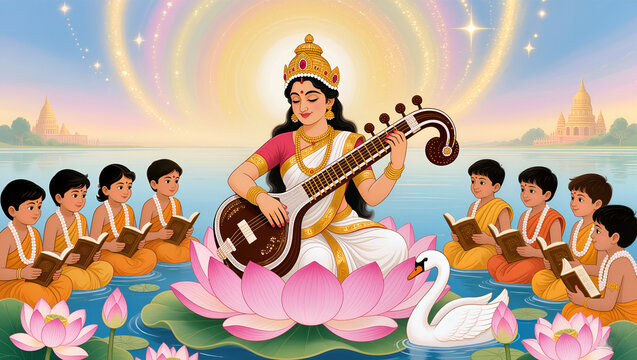Goddess Saraswati on Lotus with Students Illustration