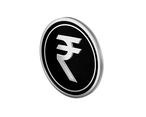 Gleaming silver Indian Rupee symbol coin on a sleek black background.