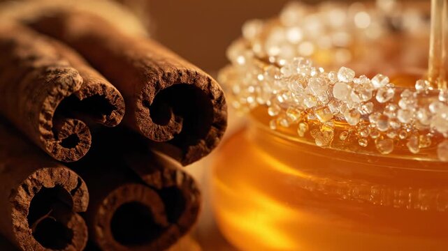 Extreme close-up macro shot revealing the deep rough bark texture of bundled cinnamon sticks and crystallized sugar particles on the rim of a honey jar cinnamon, focus, bundled