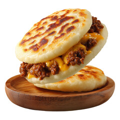Grilled arepas plain sandwich filled with melted cheese and ground beef on wooden plate, isolated on white transparent background, concept of Latin street food
