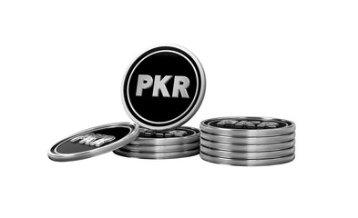 3D rendered silver Pakistani Rupee coins representing finance, economy, and