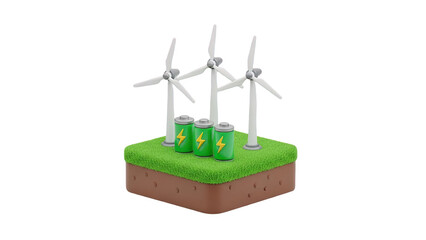 3D Wind Turbines and Batteries Representing Renewable Energy on transparent background